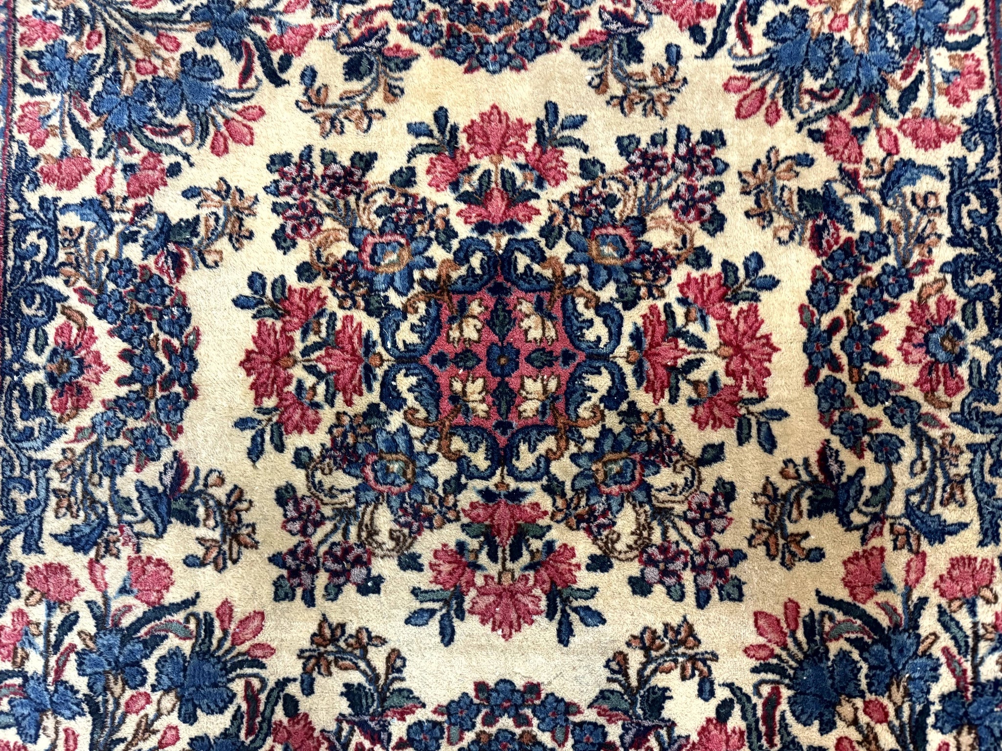 Square Persian Kerman Rug 4x4, Ivory Blue Pink, Handmade, Fine 225 KPSI by Jewel Rugs