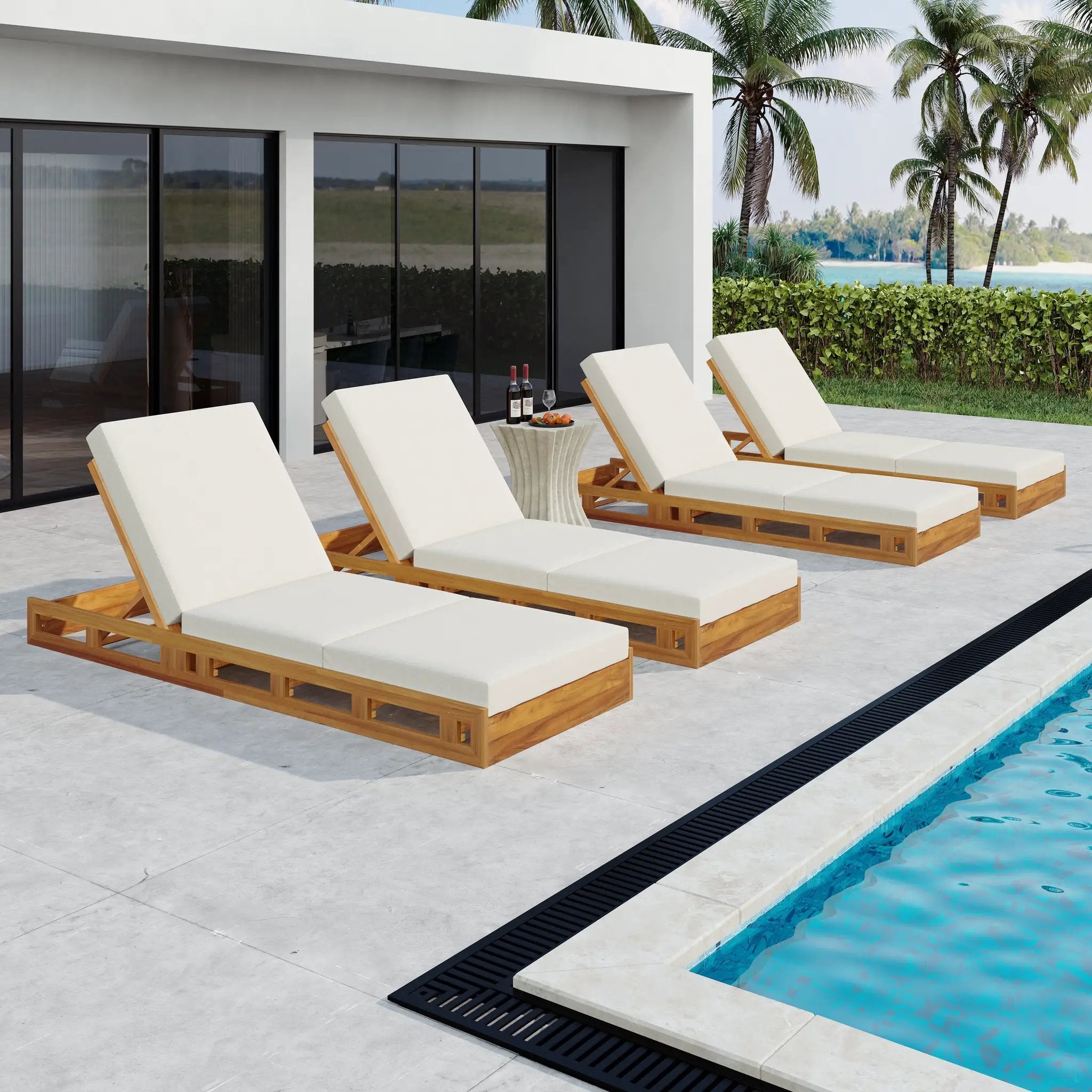Lounge Chaise Set, Acacia Solid Wood with Lounge Cushion (Cream & Triple Fold) - Matching Dark by HouseOfZazla