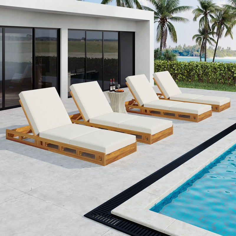 Lounge Chaise Set, Acacia Solid Wood with Lounge Cushion (Cream & Triple Fold) - Matching Dark by HouseOfZazla