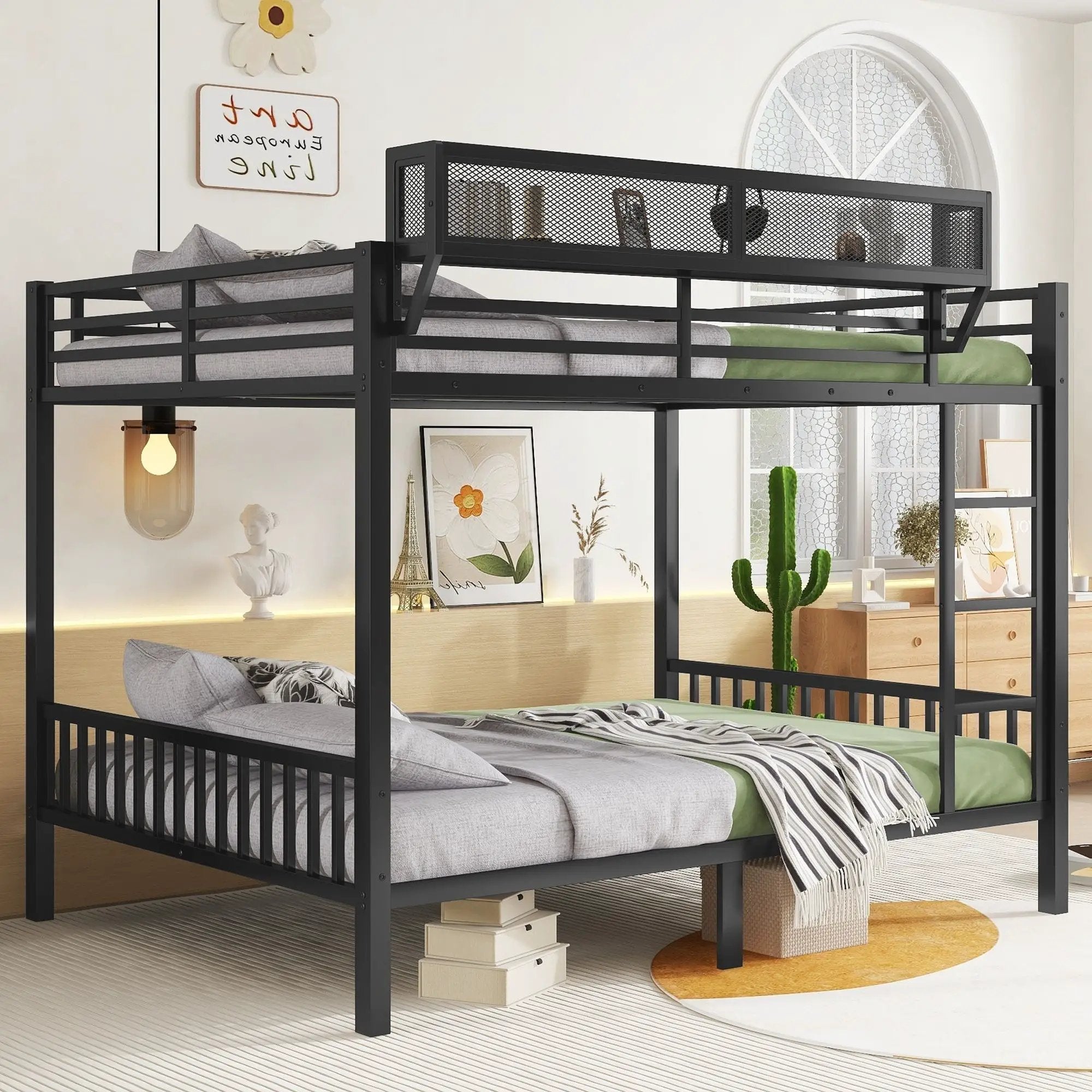 Queen Over Queen Bunk Bed With Ladder And Storage Shelf - Black by HouseOfZazla