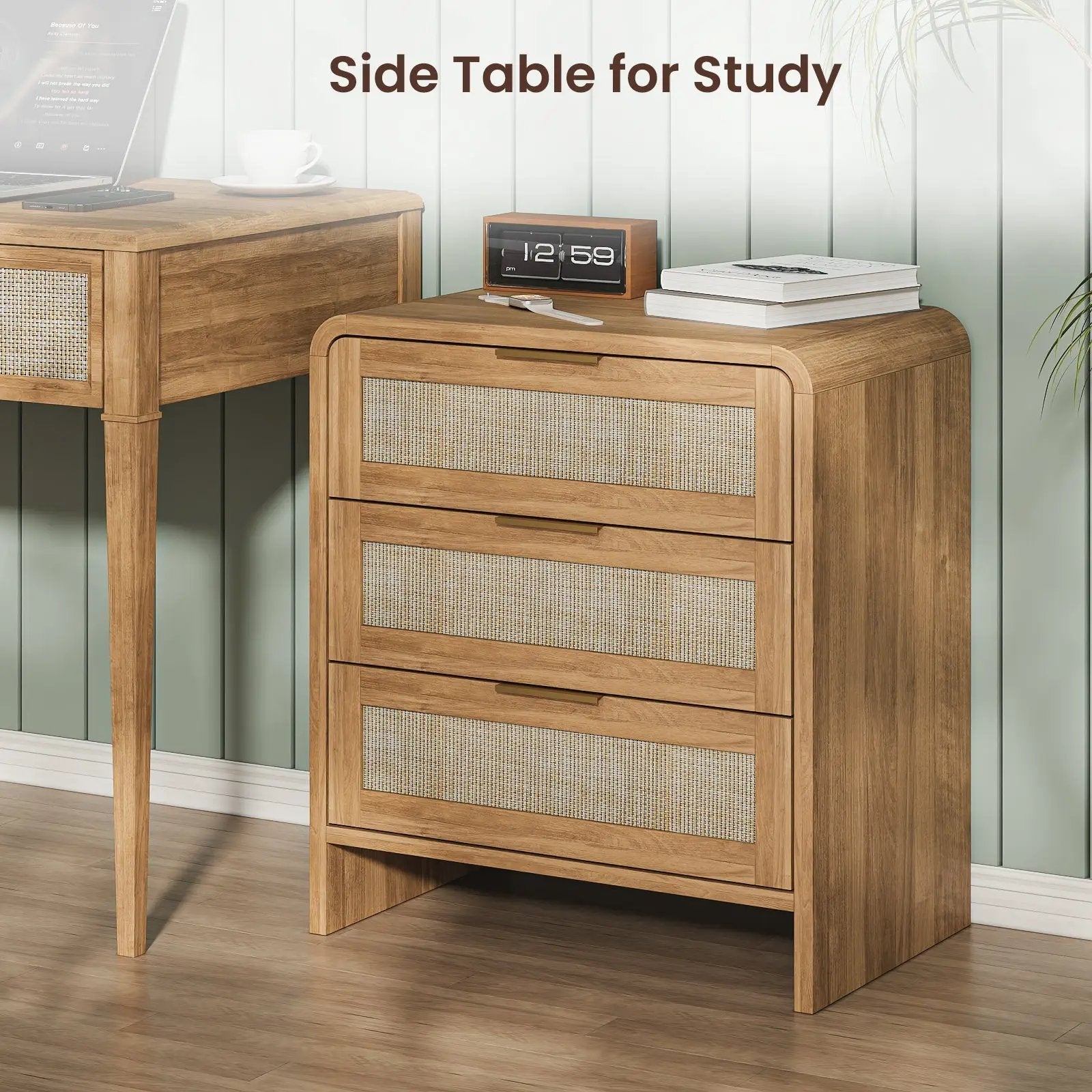 Rattan Nightstand Set of 2 with 3 Drawers in Caramel Oak by HouseOfZazla