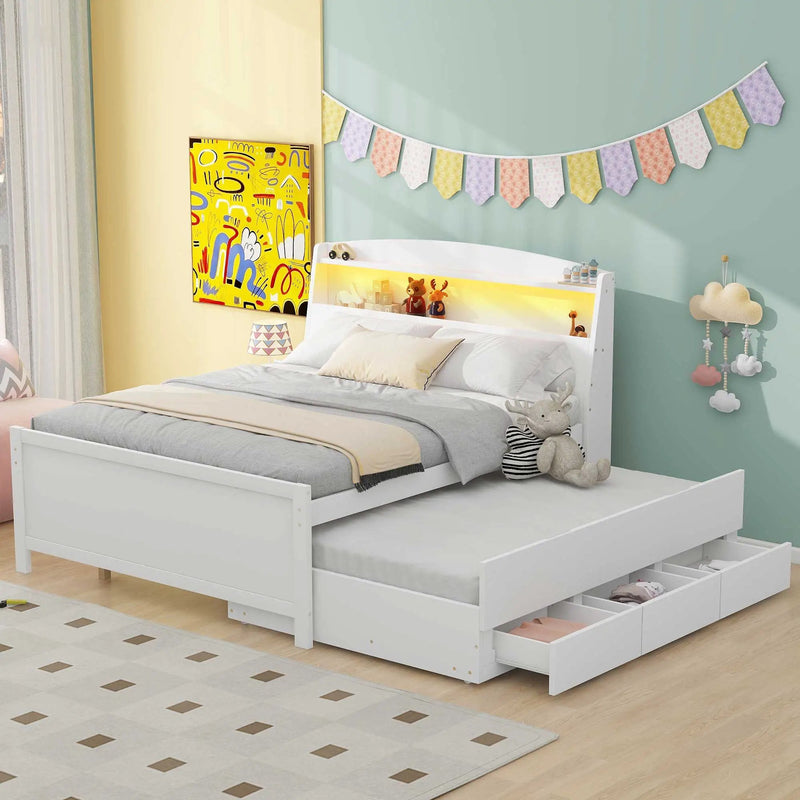 Full Size Platform Bed With Storage LED Headboard, Twin Trundle And 3 Drawers - White by Unique Piece Furniture