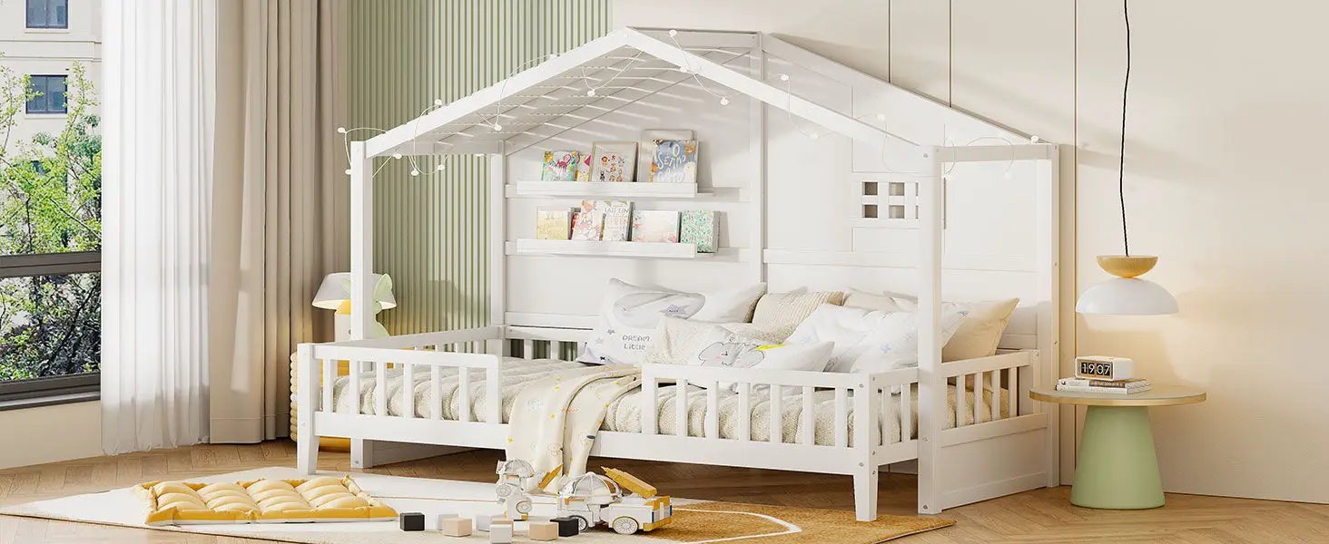 House Bed With Shelves, Window And Sparkling Light Strip On The Roof by HouseOfZazla
