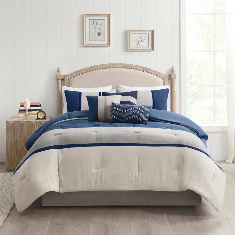 7 Piece Faux Suede Comforter Set Blue King by HouseOfZazla