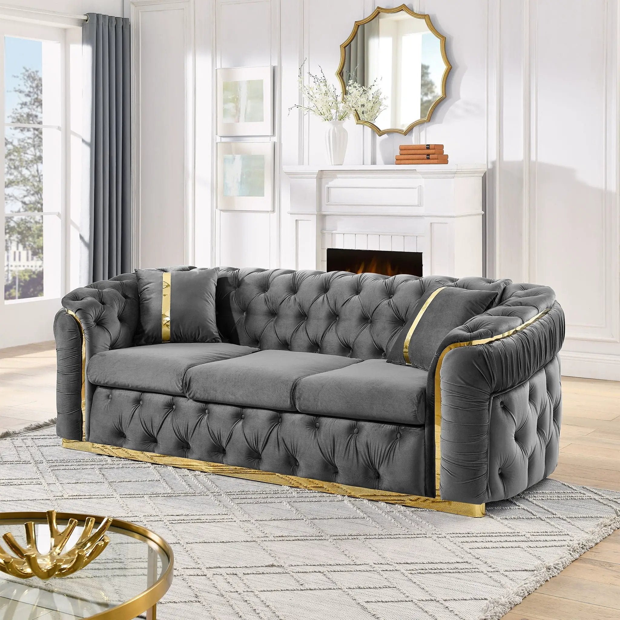 Button Tufted Couch With 2 Pillows, 3 Seater Luxury Chesterfield Sofa by HouseOfZazla