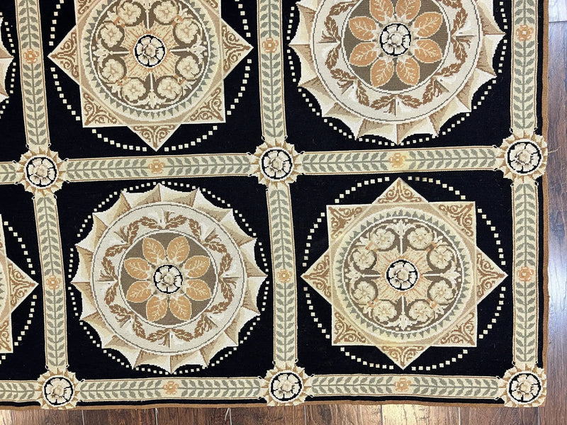 Needlepoint Rug 8x10, Black Tan Beige, Panel Design, Wool Handwoven Handmade Flatweave Needlepoint Carpet, Vintage French European Rug by Jewel Rugs