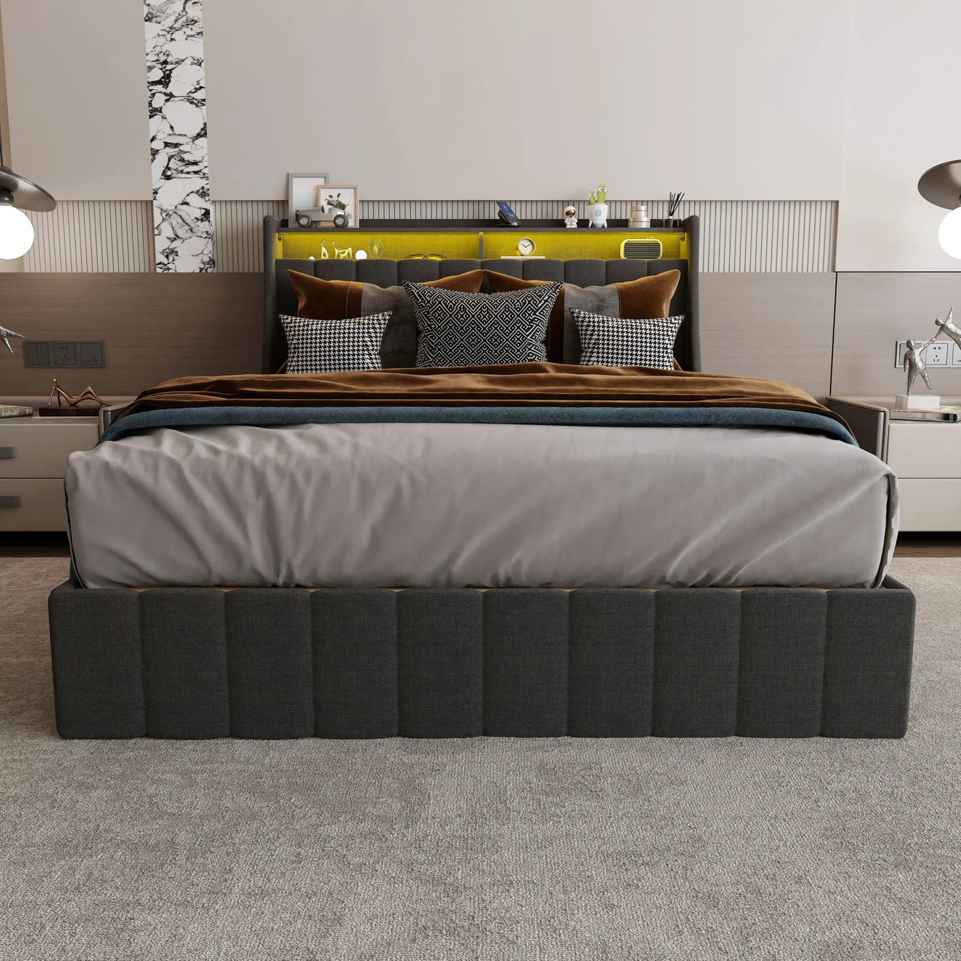 Bed With LED Lights, 4 Drawers, Winged Headboard Upholstered by Unique Piece Furniture