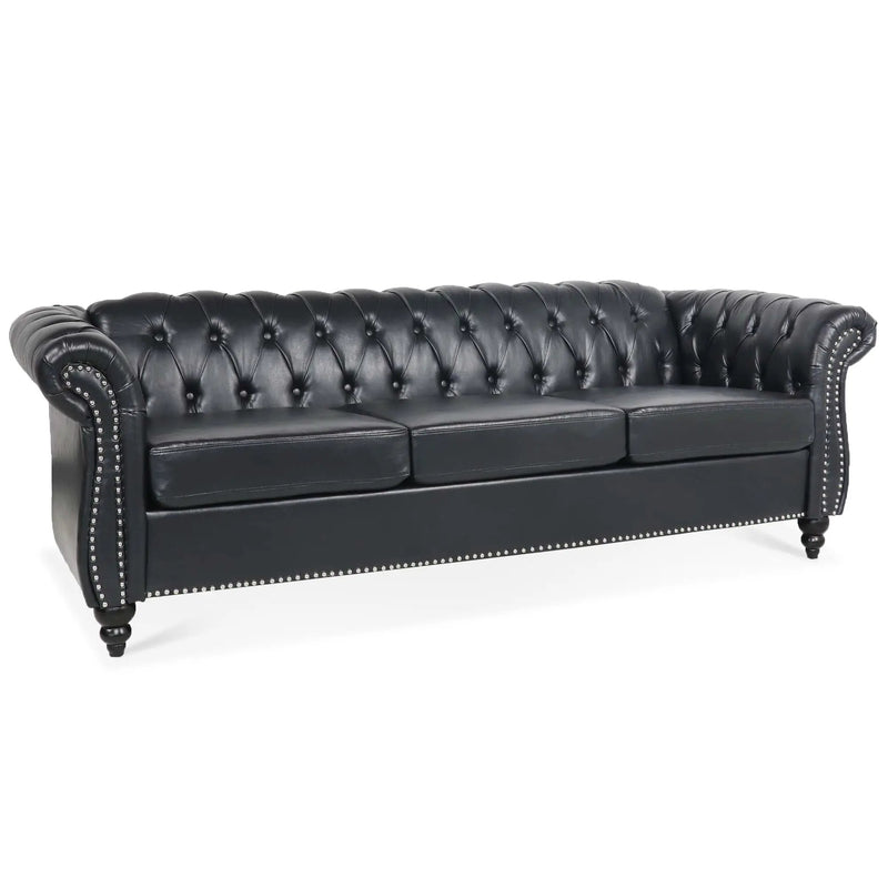 84.65" Black PU Rolled Arm Chesterfield Three Seater Sofa by HouseOfZazla