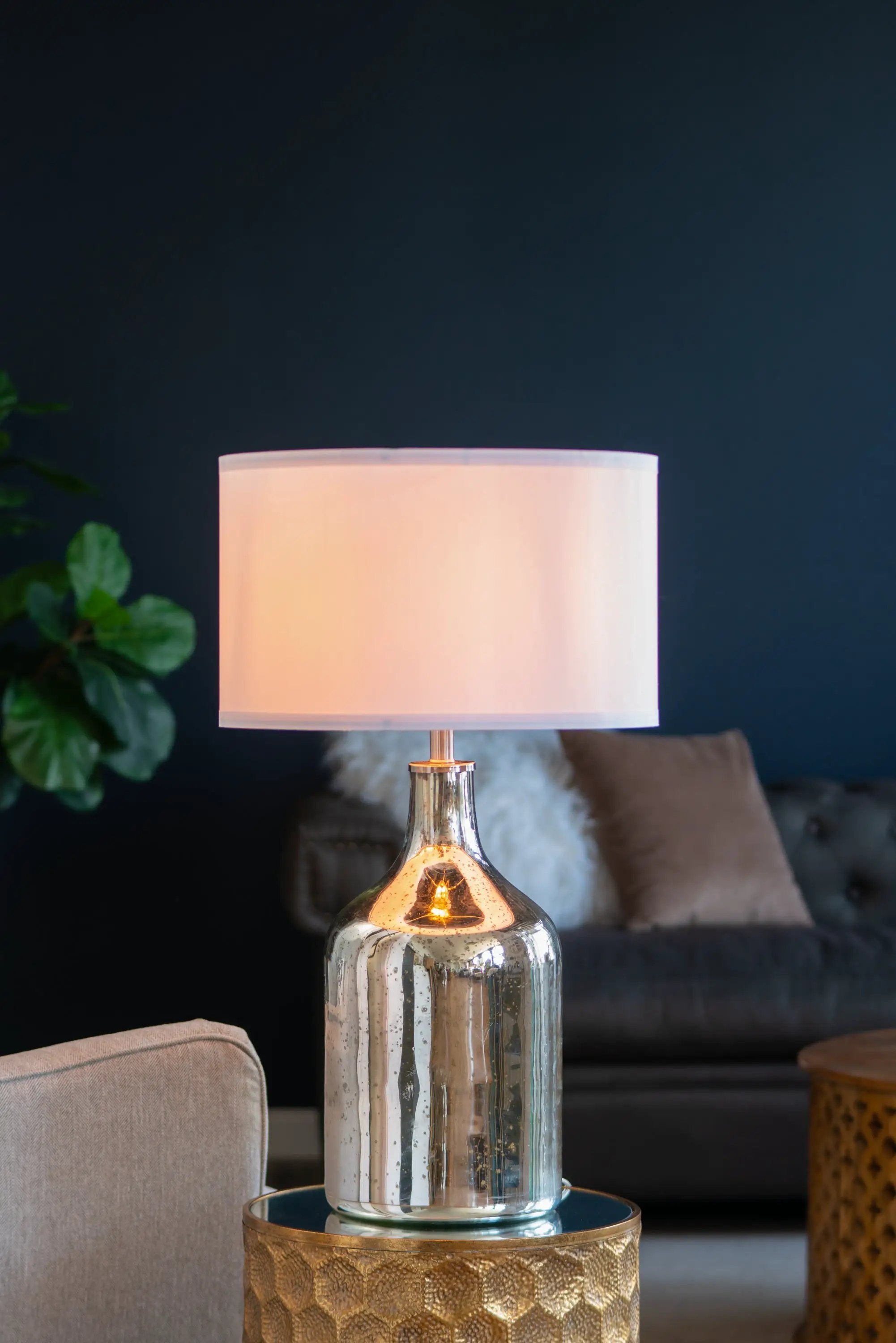 Silver Round Table Lamp with White Fabric Shade by HouseOfZazla