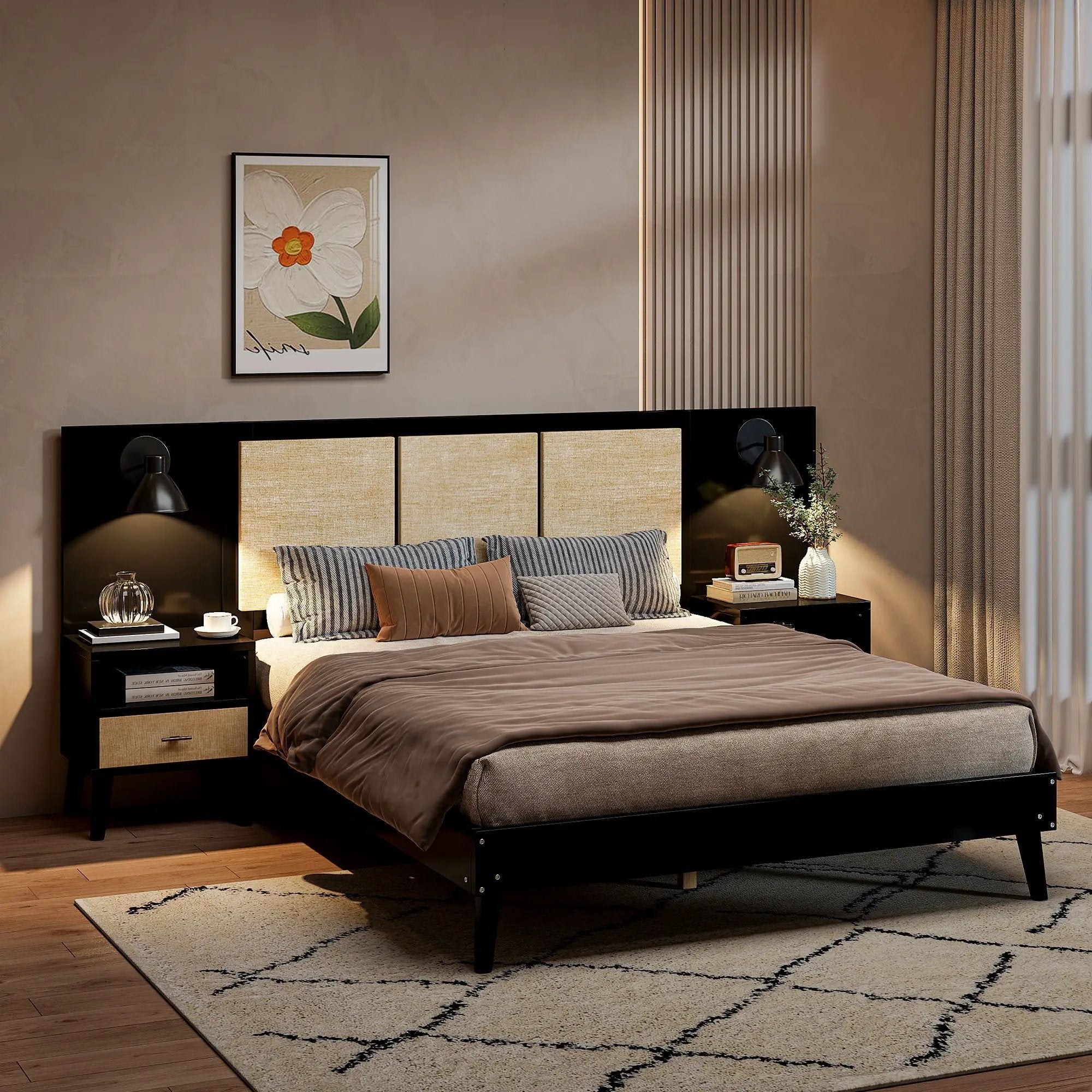 Bed Frame With 2 Nightstands Elegant Design With Lamps by HouseOfZazla