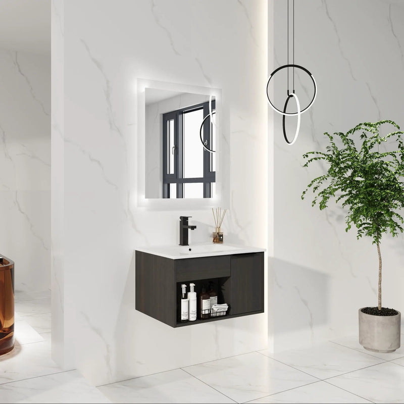 Wall Mounted Floating Bathroom Vanity With Open Shelf & Soft Close Door by HouseOfZazla