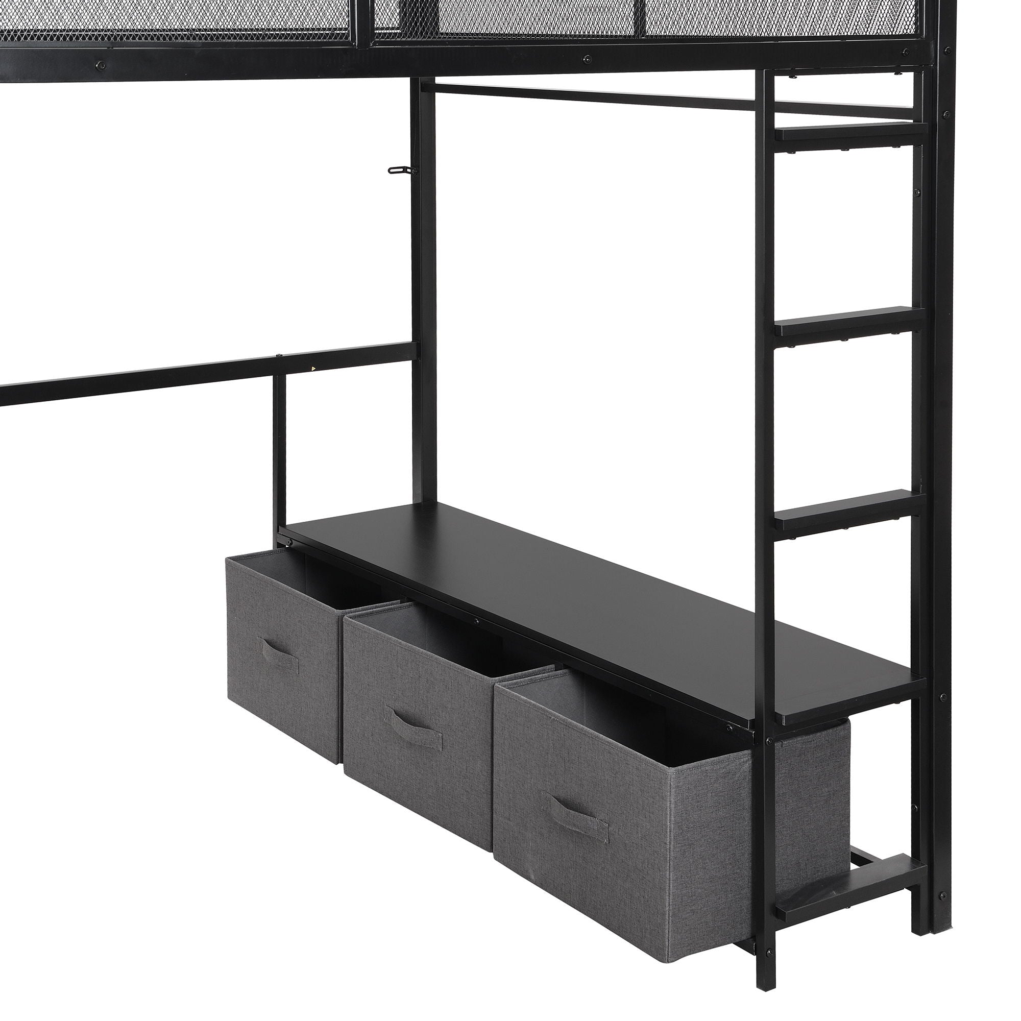 Full Size Gaming Loft Bed With LED Desk, Open Wardrobe, 3 Linen Storage Drawers - Black by HouseOfZazla