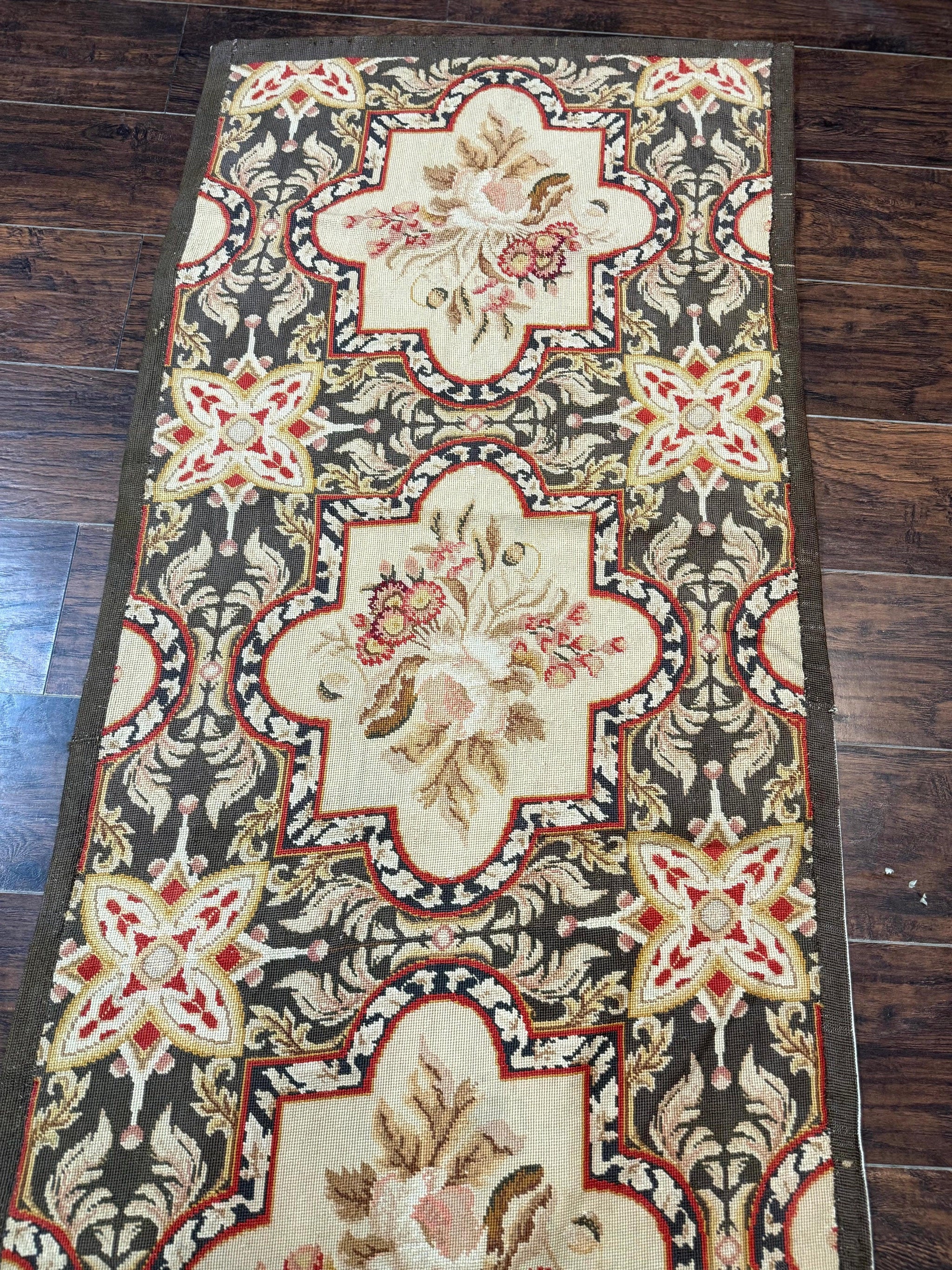 Needlepoint Runner Rug 2.7 x 9.7, European French Design, Wool, Handmade, Vintage by Jewel Rugs