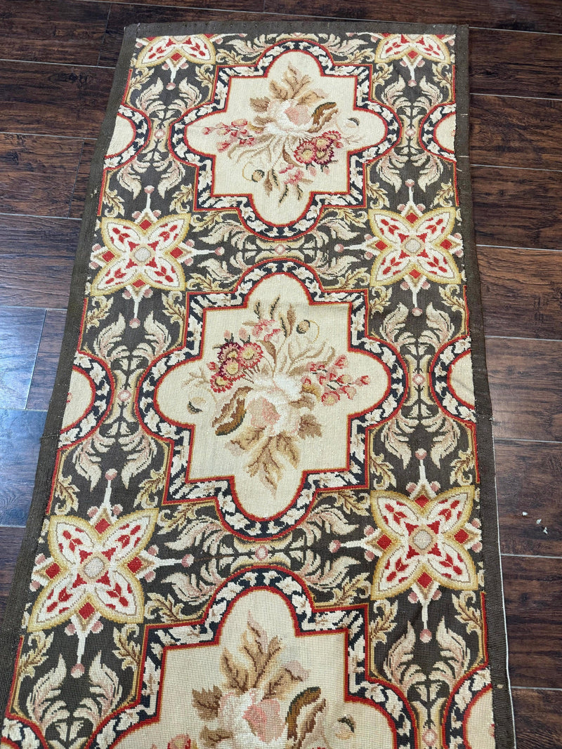 Needlepoint Runner Rug 2.7 x 9.7, European French Design, Wool, Handmade, Vintage by Jewel Rugs