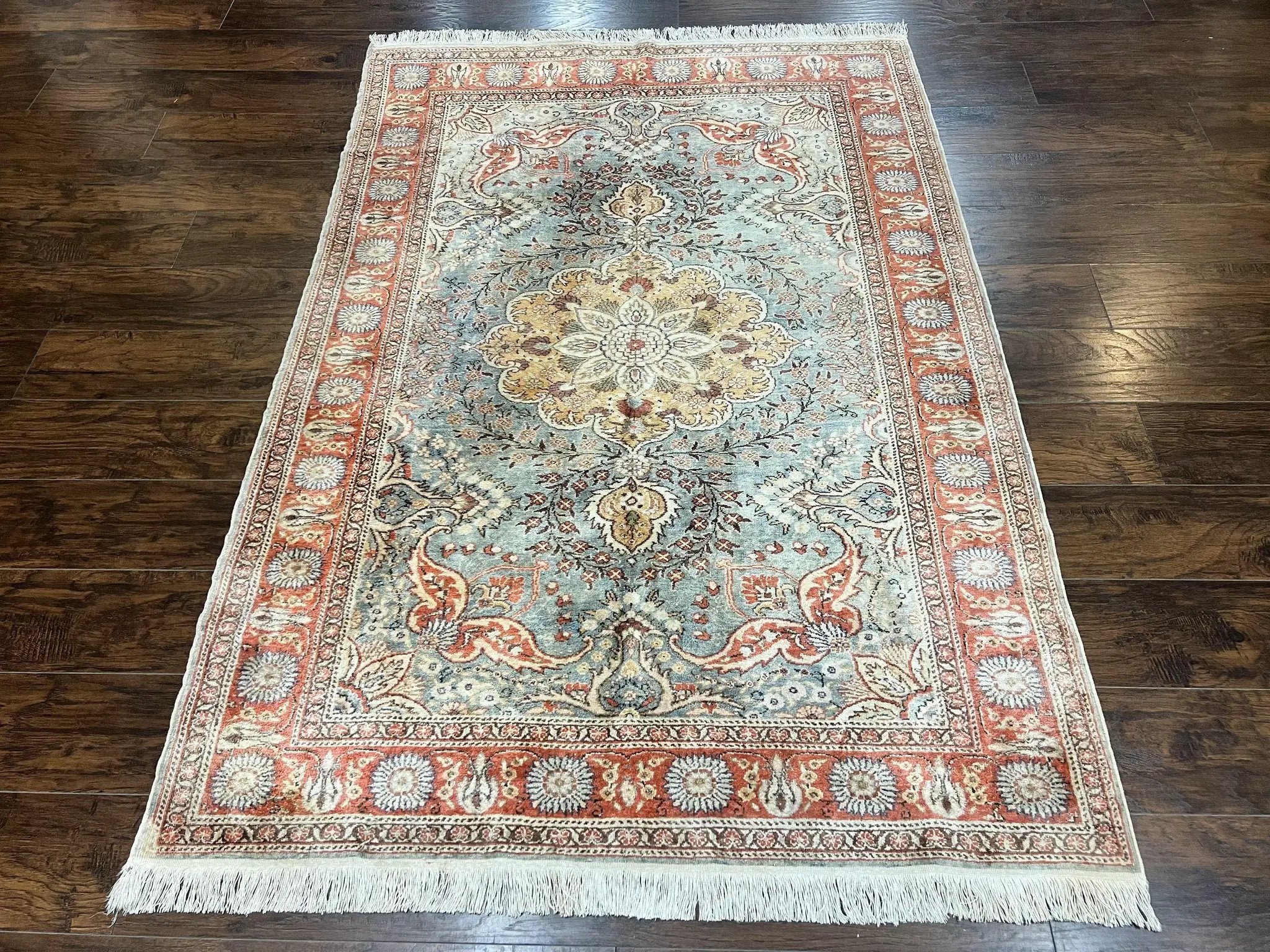 Silk Turkish Rug 5x7, Light Blue Silk Carpet, Floral Medallion, Turkish Kayseri Rug, Vintage Handmade Oriental Rug by Jewel Rugs