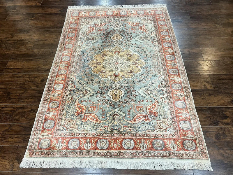 Silk Turkish Rug 5x7, Light Blue Silk Carpet, Floral Medallion, Turkish Kayseri Rug, Vintage Handmade Oriental Rug by Jewel Rugs