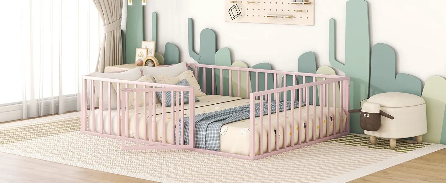Metal Floor Bed Frame With Fence And Door by HouseOfZazla
