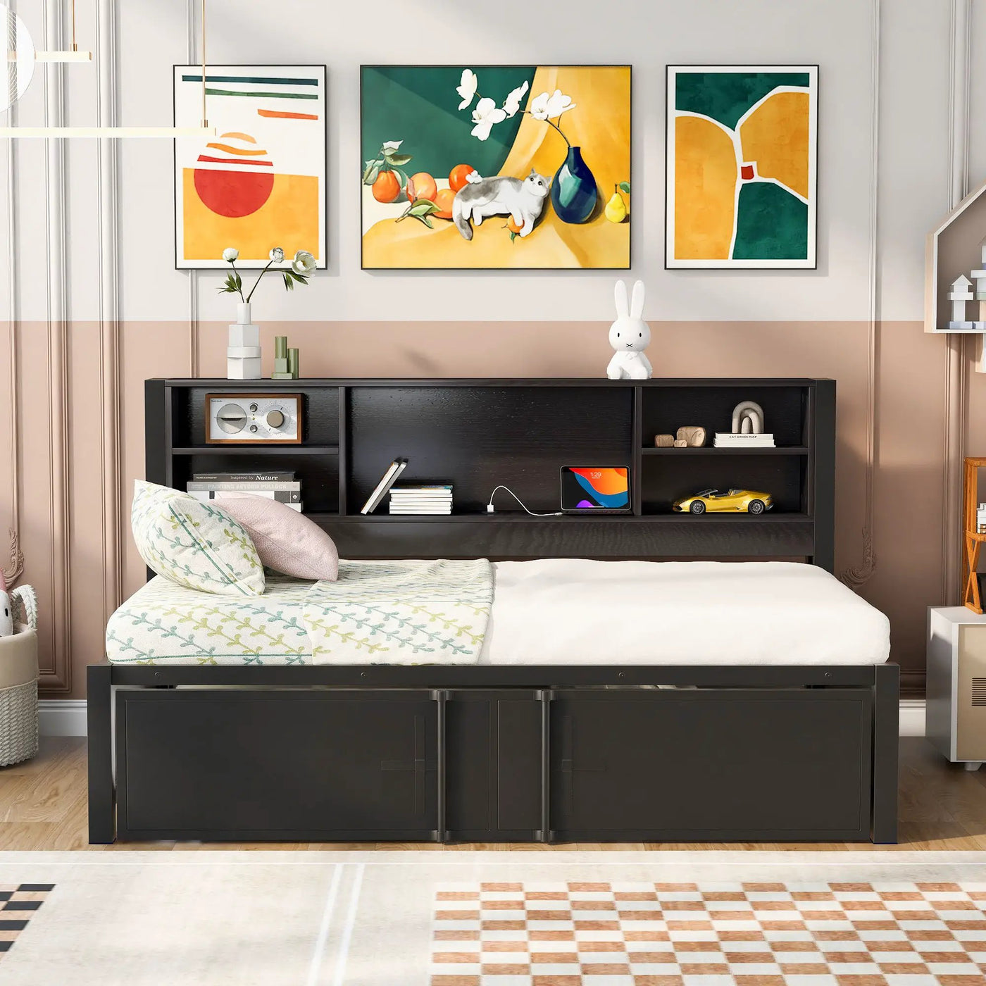 Industrial Metal Daybed With Trundle, Storage Shelves, USB Ports by Unique Piece Furniture
