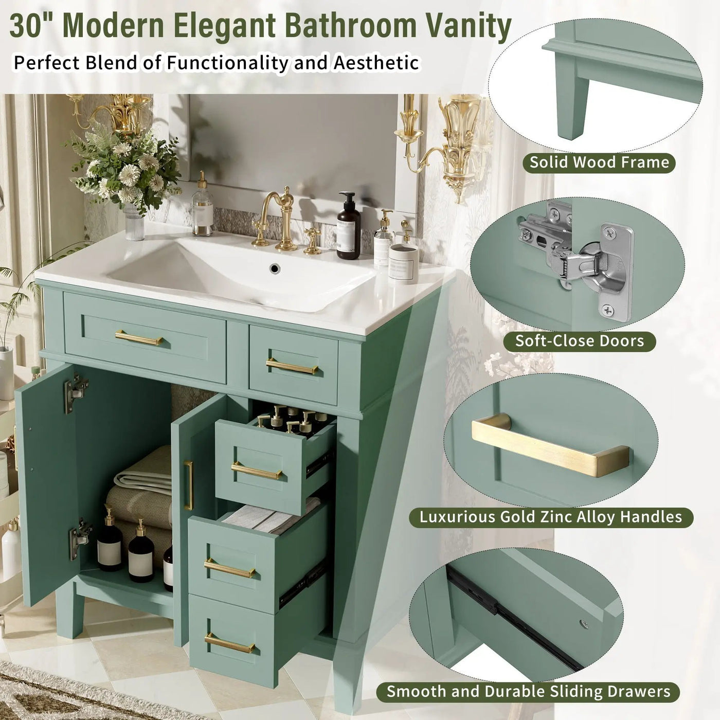 Modern Bathroom Vanity With Sink, Storage Cabinet, Soft Close Doors, Deep & Standard Drawers by Unique Piece Furniture