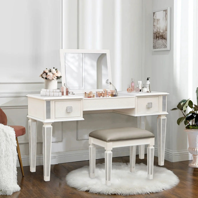 Mirrored Vanity Desk With Drawers And Stool, Flip Up Dressing Table Set For Makeup Room by Unique Piece Furniture