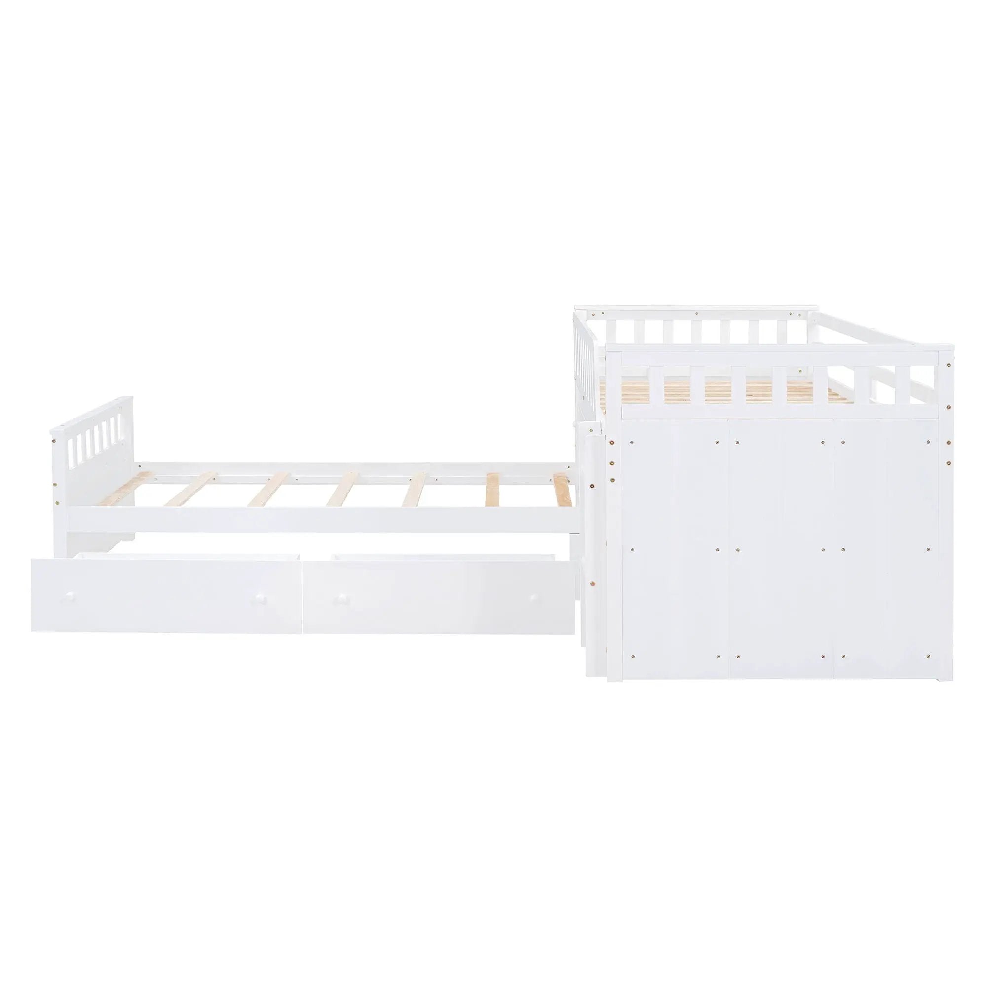 Loft Platform Bed With 7 Drawers And Full Guardrails, Modern L Shaped Space Savin