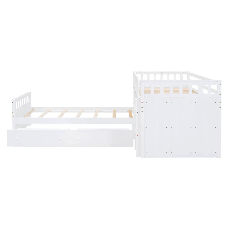 Loft Platform Bed With 7 Drawers And Full Guardrails, Modern L Shaped Space Savin
