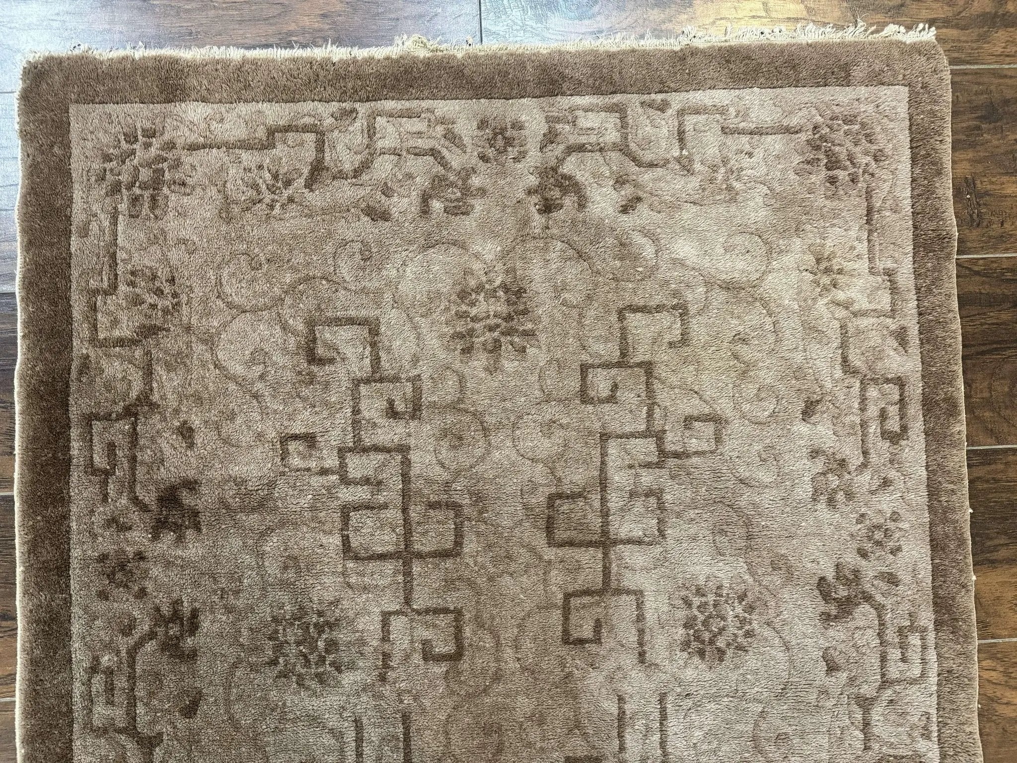 Antique Chinese Fette Rug 3x6, Taupe, Handmade Wool Chinese Carpet by Jewel Rugs