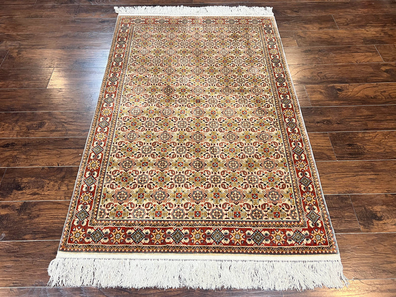 Turkish Kayseri Silk Rug 4x6, Hand Knotted Handmade Vintage Allover Pattern, Fine Silk Oriental Carpet 4 x 6 ft, Traditional Rug, Cream by Jewel Rugs