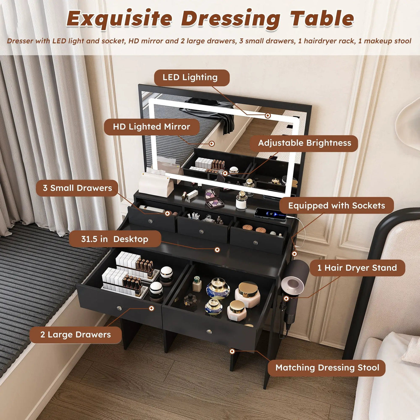 Modern Makeup Vanity Set With Power Outlet, Hair Dryer Holder, And Adjustable Lighting by Unique Piece Furniture