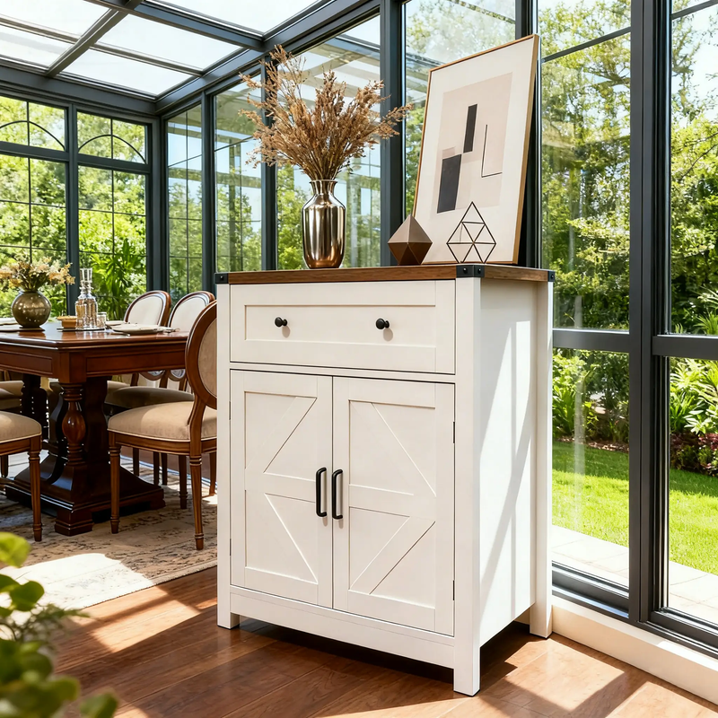 White & Wood-Grain Top Farmhouse Barn-Door Storage Cabinet by HouseOfZazla