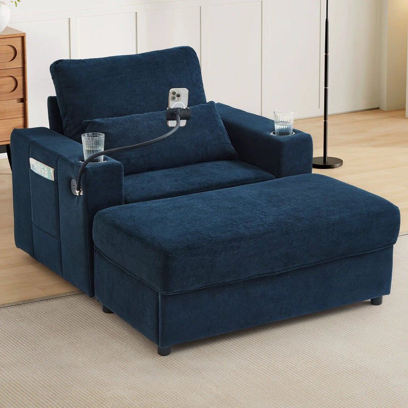 Modern Style Armchair Chaise Lounge Sofa Couch With Movable Storage Ottoman, USB Ports, Cup Holders, Phone Holder, Side Pockets by HouseOfZazla