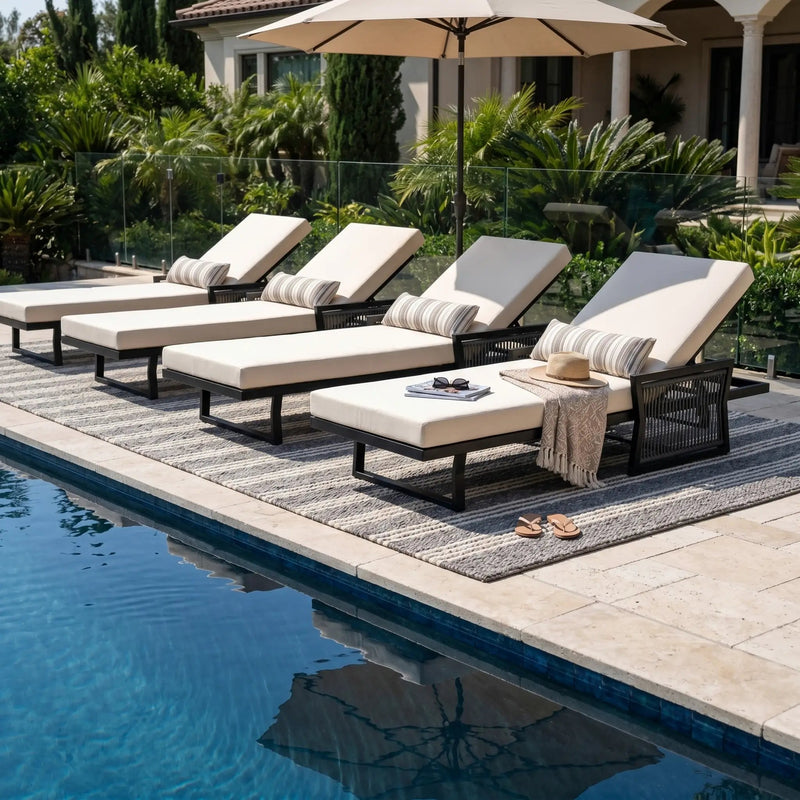 Black Iron Outdoor Chaise Lounge with Cream Cushion by HouseOfZazla