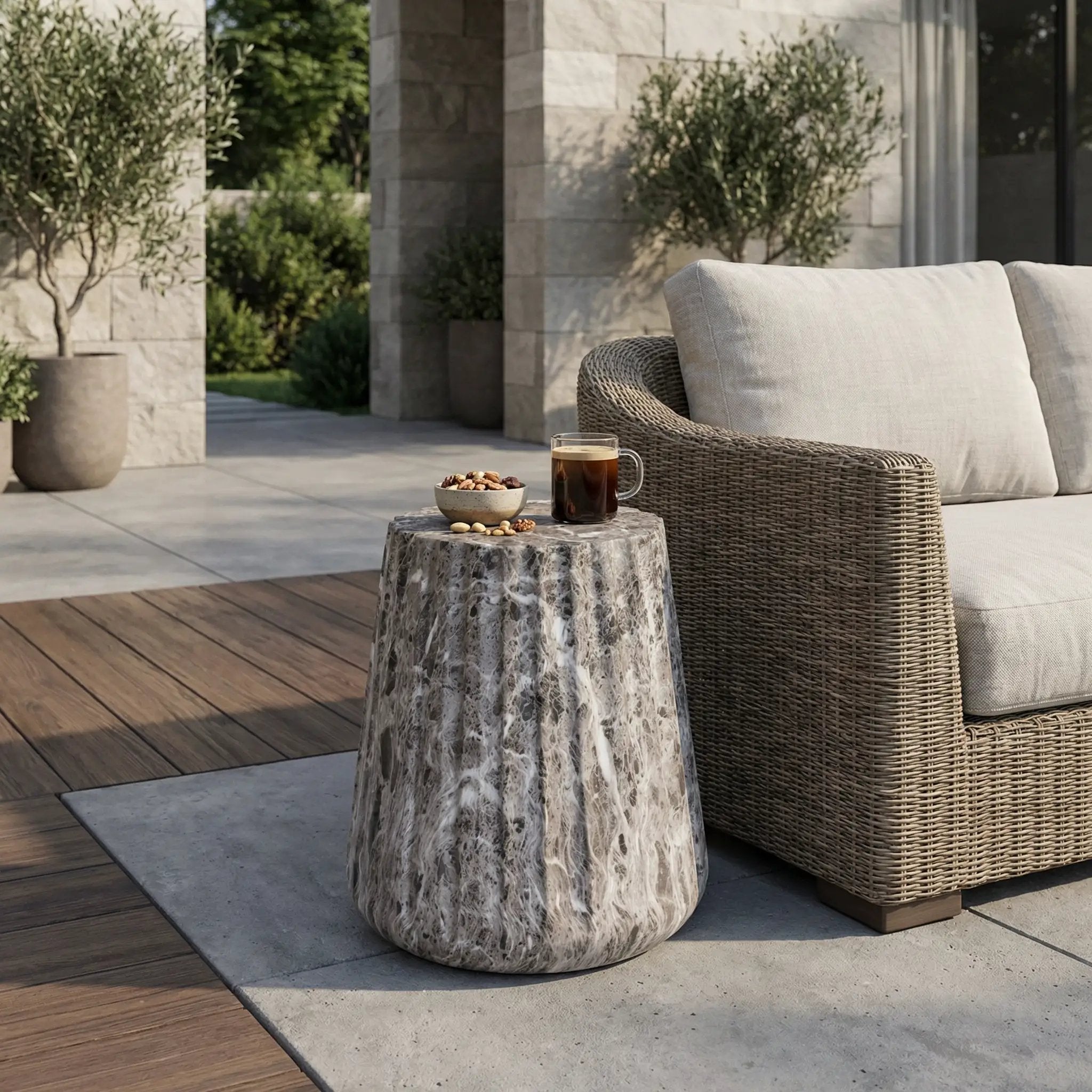 Outdoor Cleme Carved Side Table, Brown End Table by HouseOfZazla
