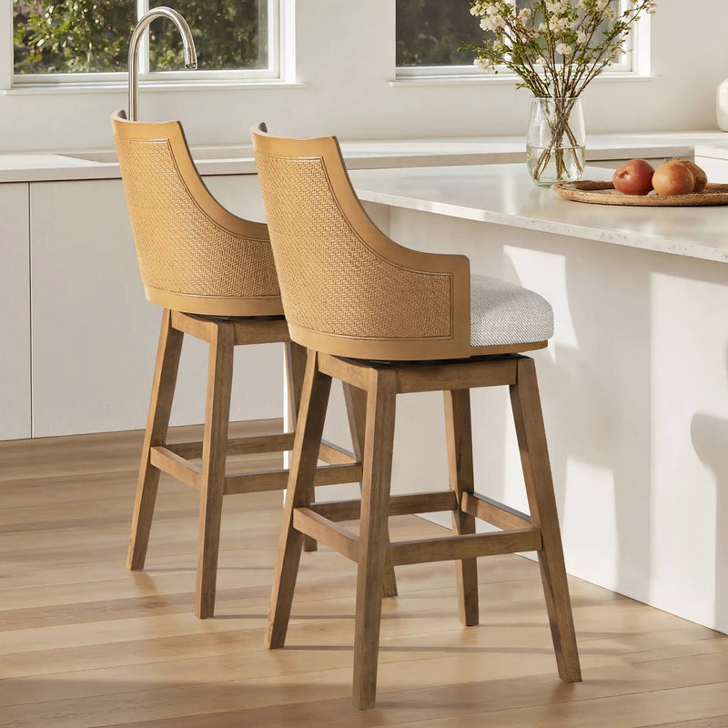 Bahama 30' Cane Rattan High-Back Swivel Bar Stool with Recessed Arms, Two-Tone Neutral Gray Polyester Wool Blend by HouseOfZazla