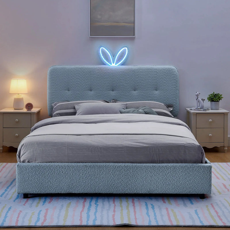 Upholstered Bed With Oversized Rabbit Ear Headboard, LED Lights & 4 Storage Drawers by Unique Piece Furniture