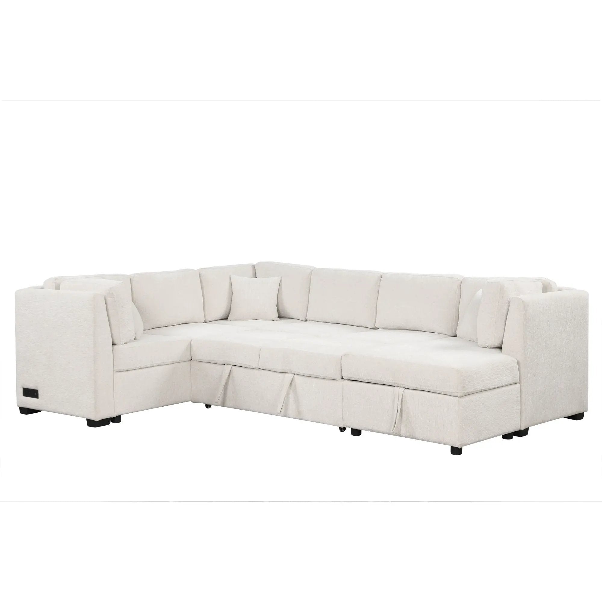 U-Shaped Sectional Sofa Pull Out Sofa Bed With Two USB Ports, Two Power Sockets, Three Back Pillows And A Storage Chaise For Living Room by HouseOfZazla