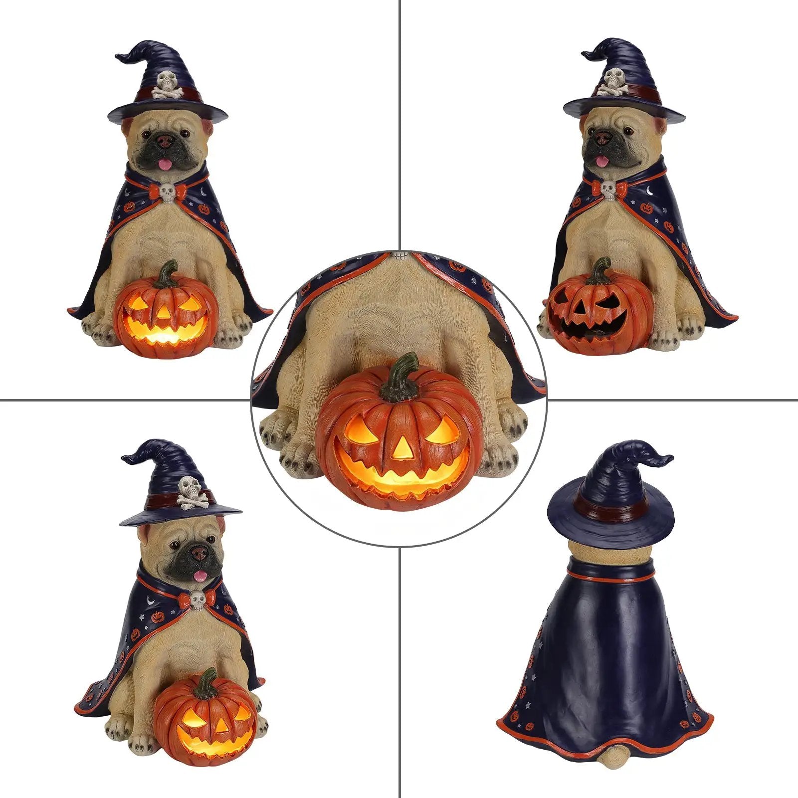 Halloween Bulldog Witch Statue, LED Light Up Jack-O-Lantern Pumpkin by HouseOfZazla