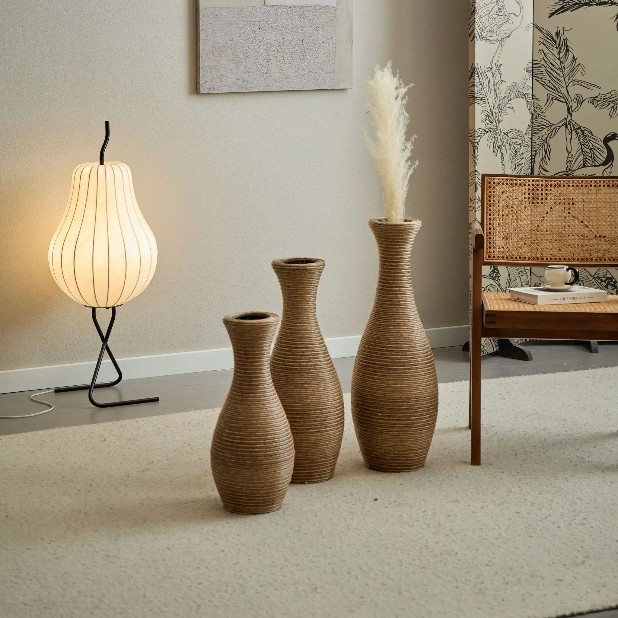 3 Piece Artificial Rattan Floor Vase Set Decorative Accent For Living Room, Hallway & Entryway, Ideal For Dried Or Silk Flower Arrangements - Beige by HouseOfZazla