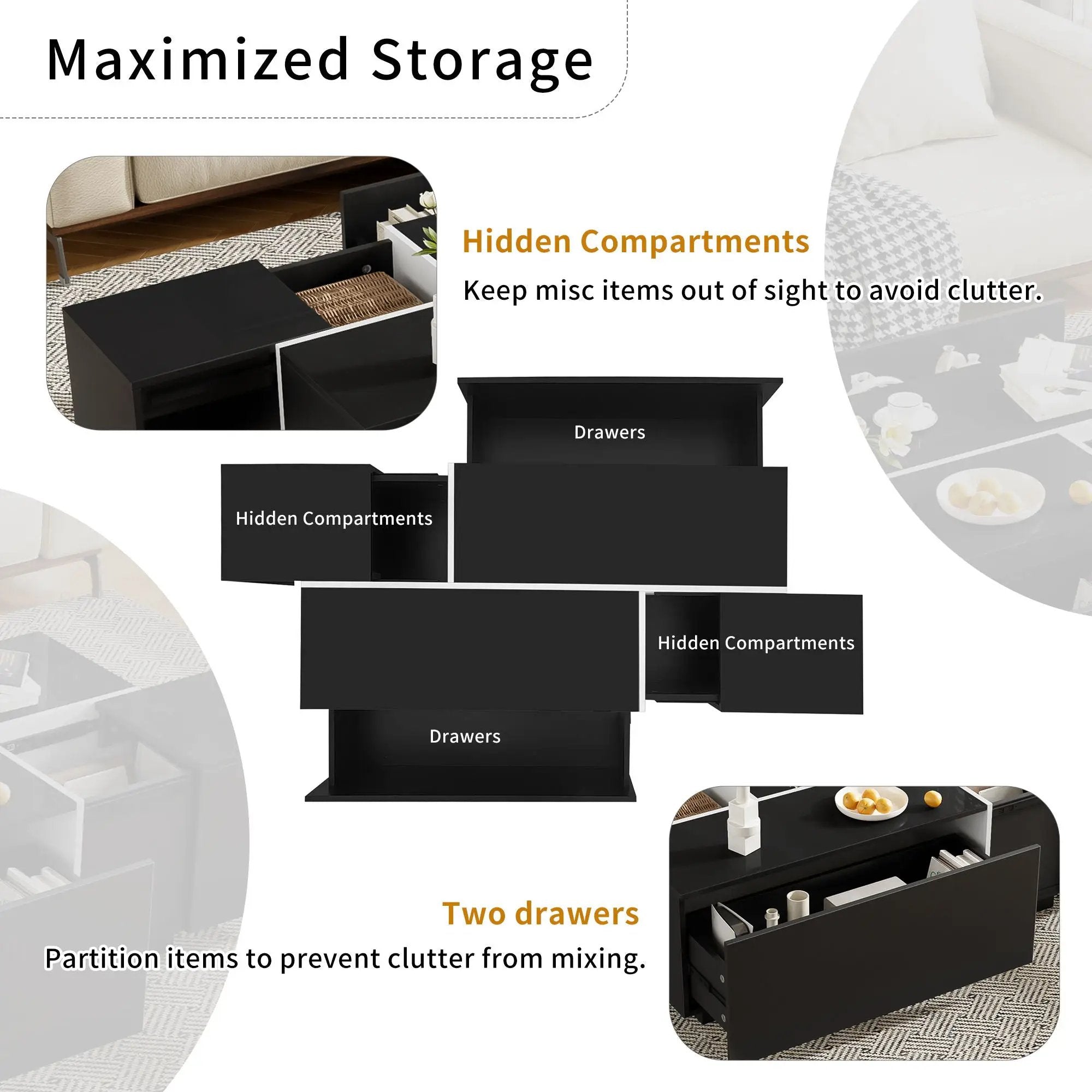 Extendable Coffee Table With 2 Hidden Storage Space And 2 Drawers For Living Room