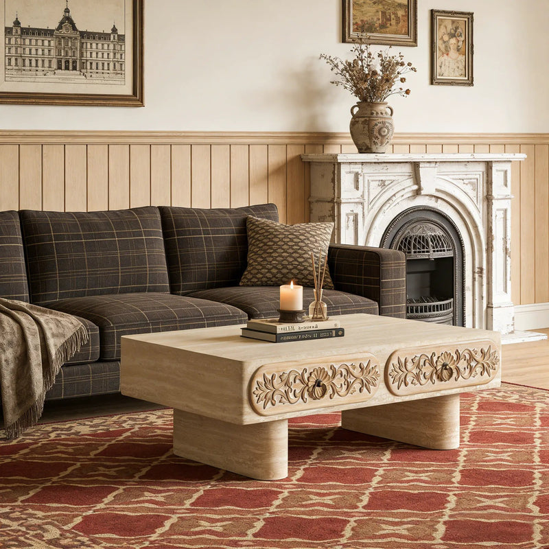 Rounded Edge Coffee Table with Flower Pattern Solid Wood Drawer by HouseOfZazla