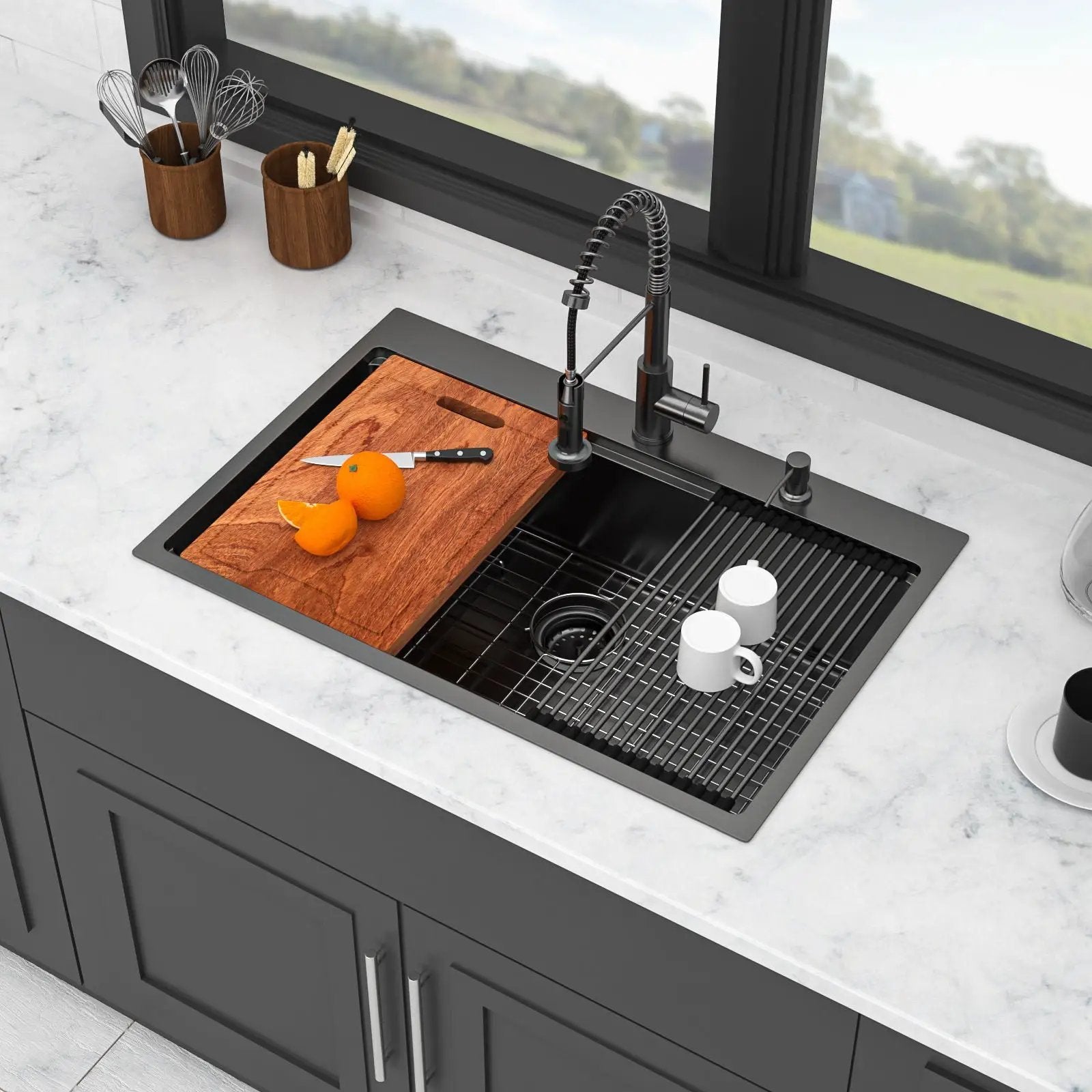 Drop In Workstation Sink Topmount Single Bowl With Pull Out Faucet And Soap Dispenser - Gunmetal Black by HouseOfZazla