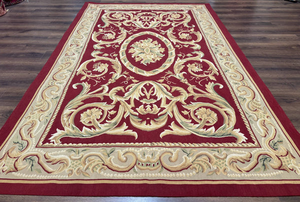 Burgundy Aubusson Rug 6x9, Vintage Wool Carpet, photo 2 of 13