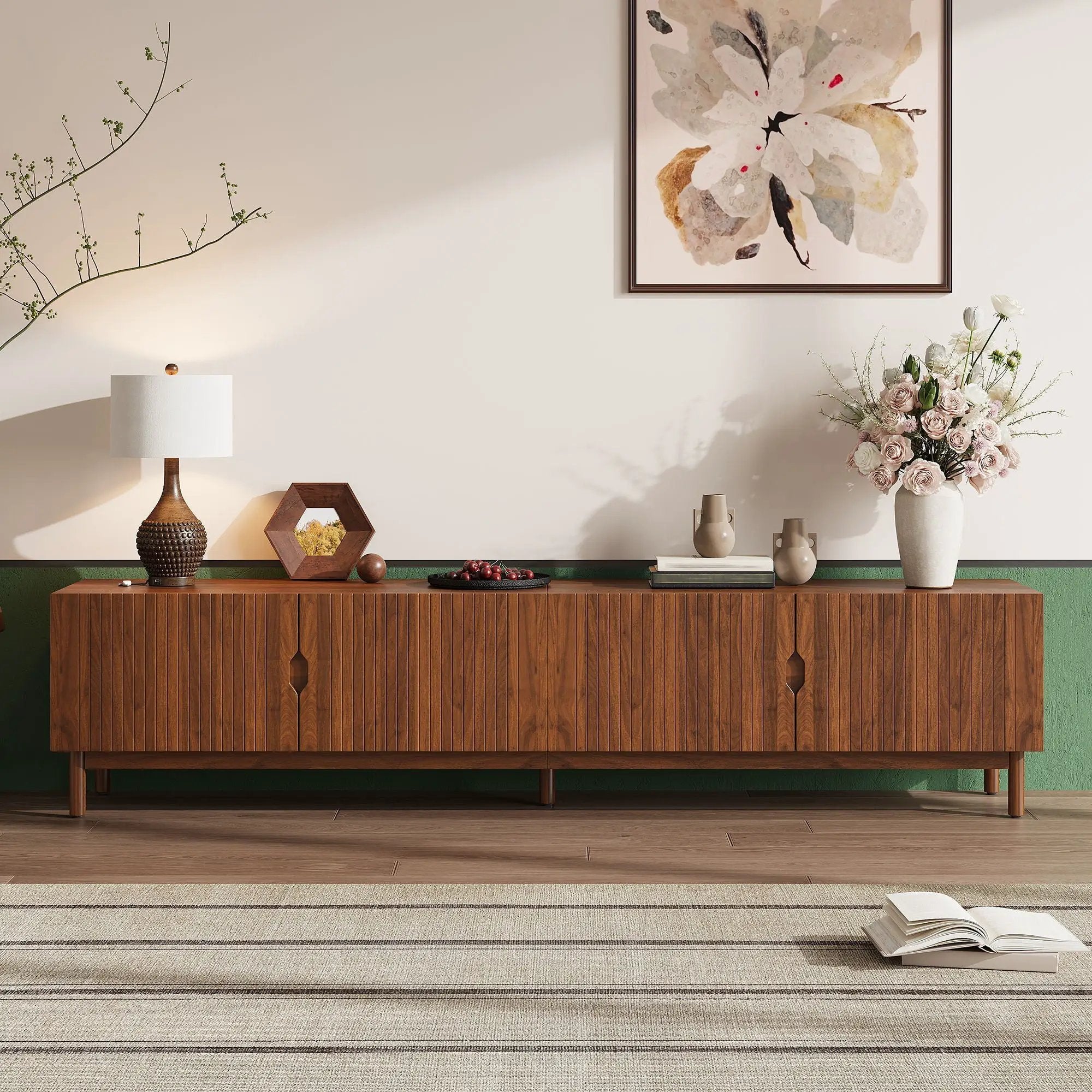 TV Stand With Legs, Media Console, 4 Cabinets For Living Room - Natural Wood by Unique Piece Furniture