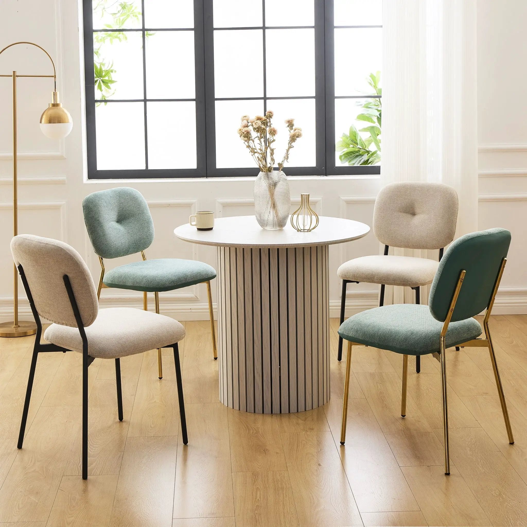 Modern 4 Person Dining Set With Bamboo & Table And Turquoise & Chairs Metal Legs, Space Saving Design - White by HouseOfZazla