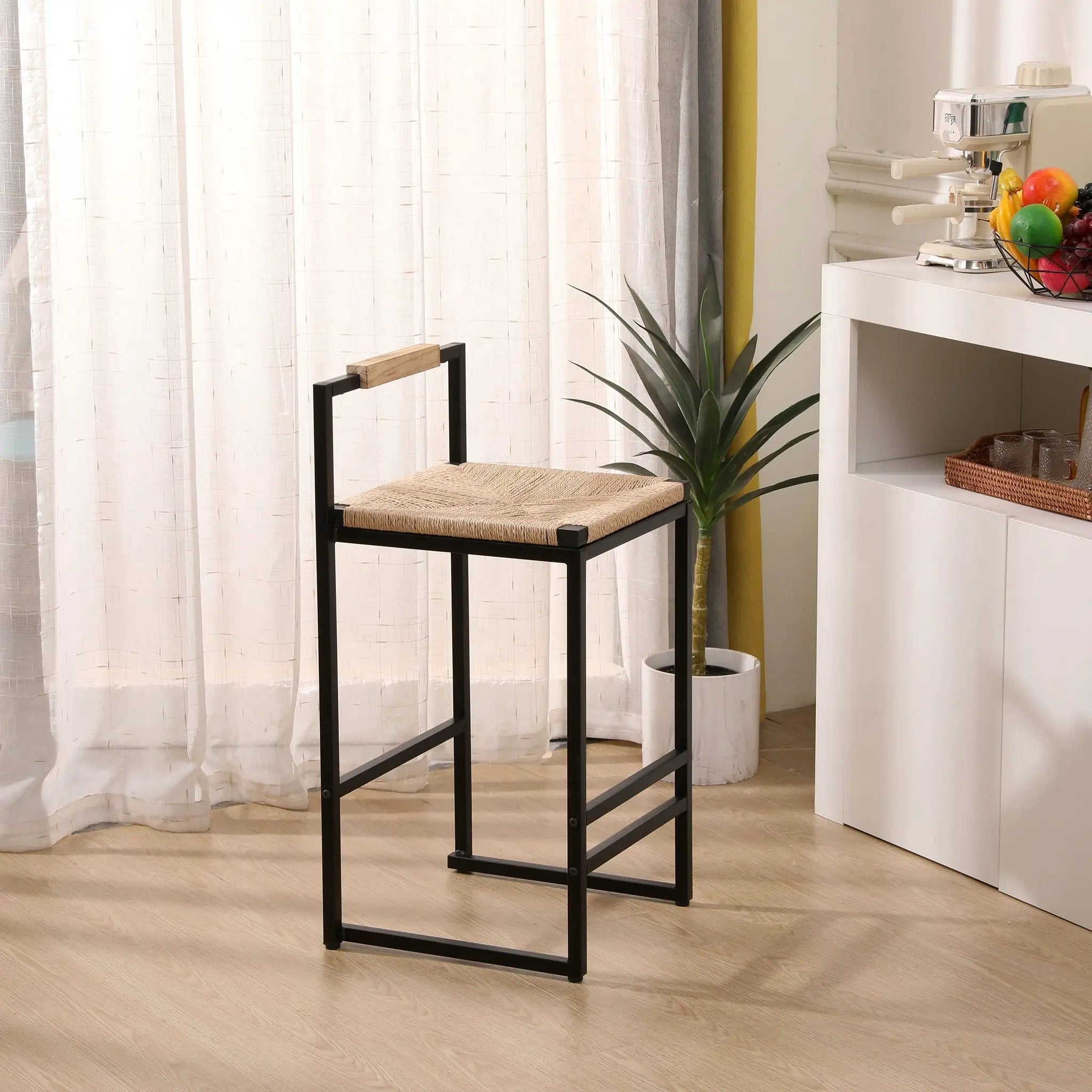 Stylish (Set of 2) Bar Stools With Backrest And Paper Rope Woven Seat, Counter Height Dining Chairs For Kitchen - Natural by HouseOfZazla