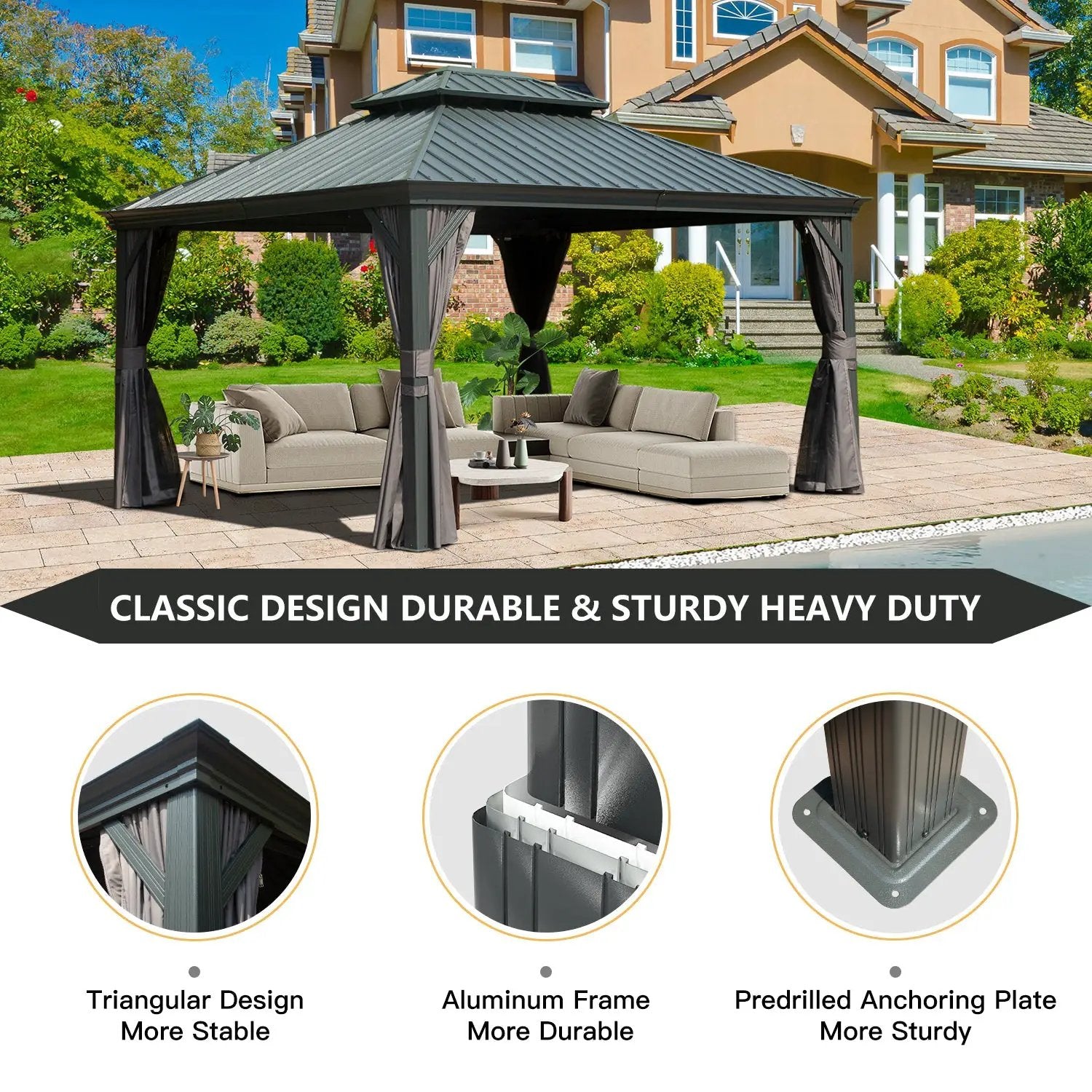 10' x 12' Hardtop Gazebo Outdoor Metal Gazebo with Galvanized Steel Double Roof Canopy, Aluminum Frame, Curtains and by HouseOfZazla