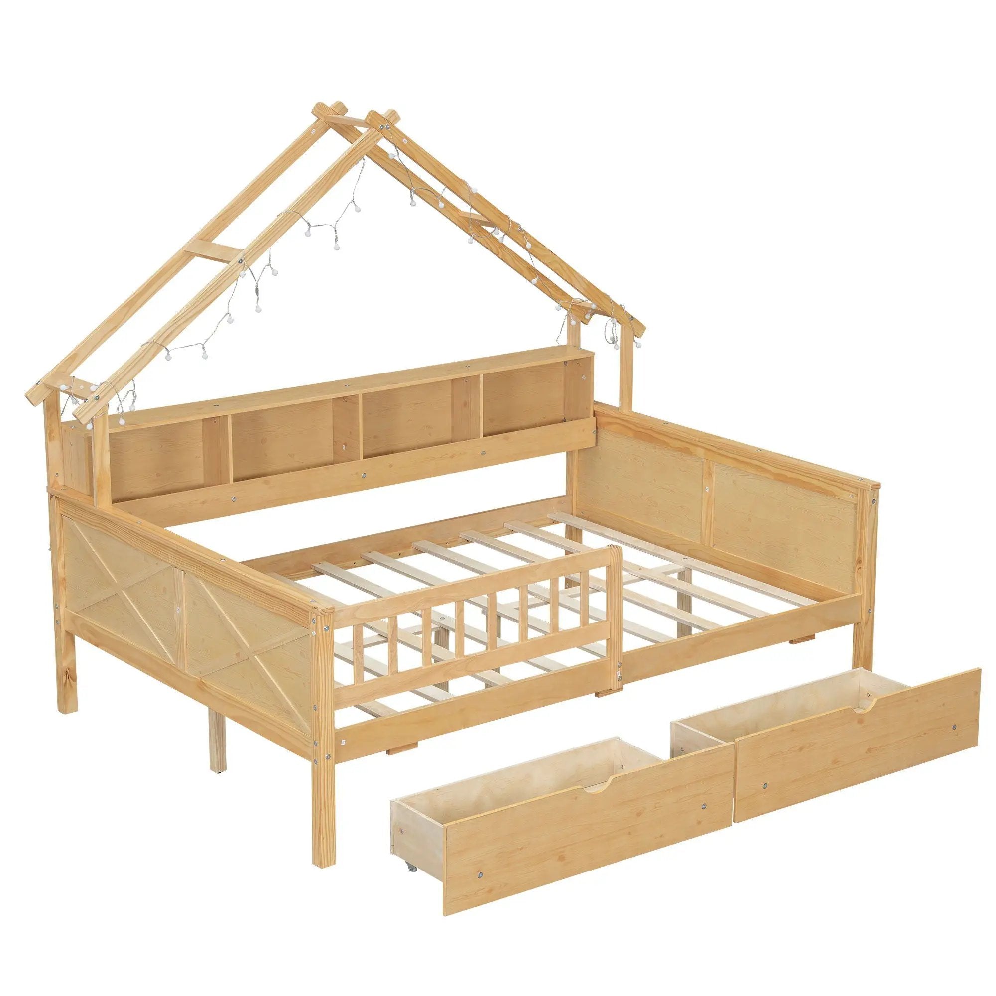 House Style Platform Bed With LED Lights, Storage Shelves, Drawers, And Guardrail by HouseOfZazla