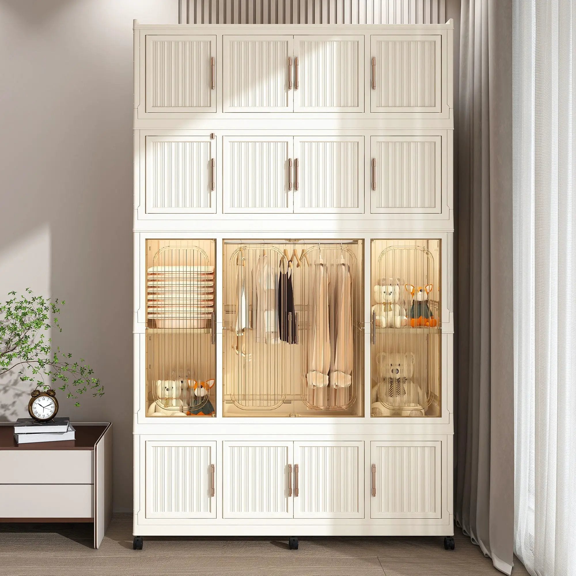 Portable Wardrobe Closet Storage Organizer With 17 Magnetic Doors, 17 Cubes, Hanging Rod & 6 Hangers - Creamy White by Unique Piece Furniture
