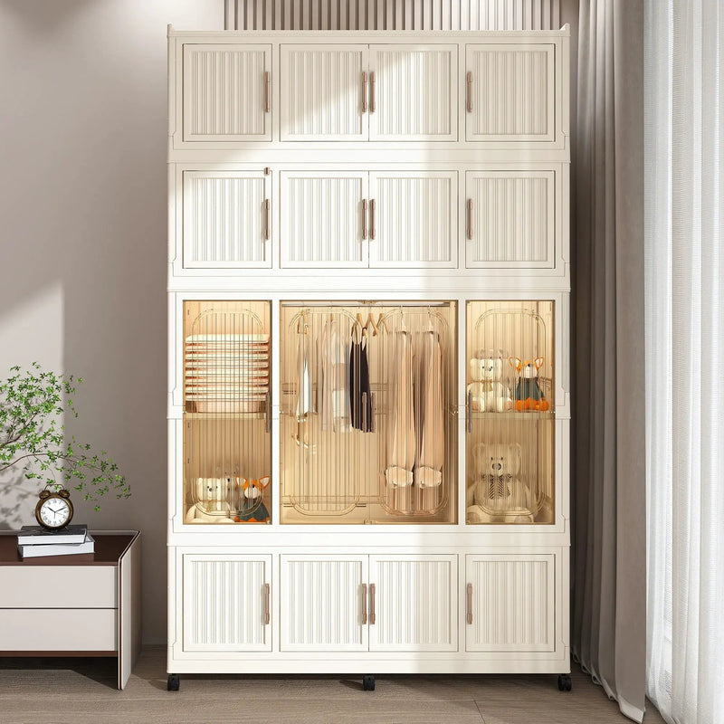 Portable Wardrobe Closet Storage Organizer With 17 Magnetic Doors, 17 Cubes, Hanging Rod & 6 Hangers - Creamy White by Unique Piece Furniture