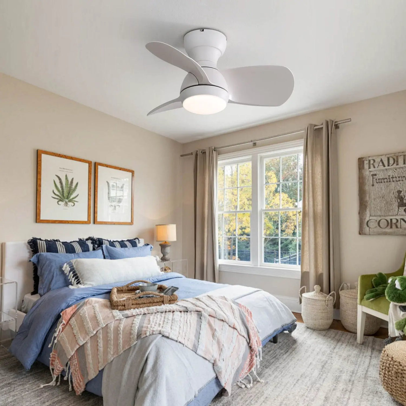 23" Bedroom Ceiling Fan With 3 Color Dimmable 3 ABS Blades Remote Control Dc Motor With 18W Led Light by Unique Piece Furniture